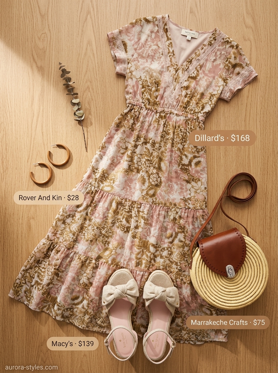 Muted rose boho summer flowy maxi dress 2026 with espadrilles & woven bag for weddings.