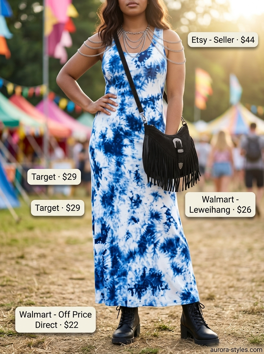 Boho summer flowy maxi dresses 2026: Electric blue tie-dye dress with combat boots for a festival vibe.