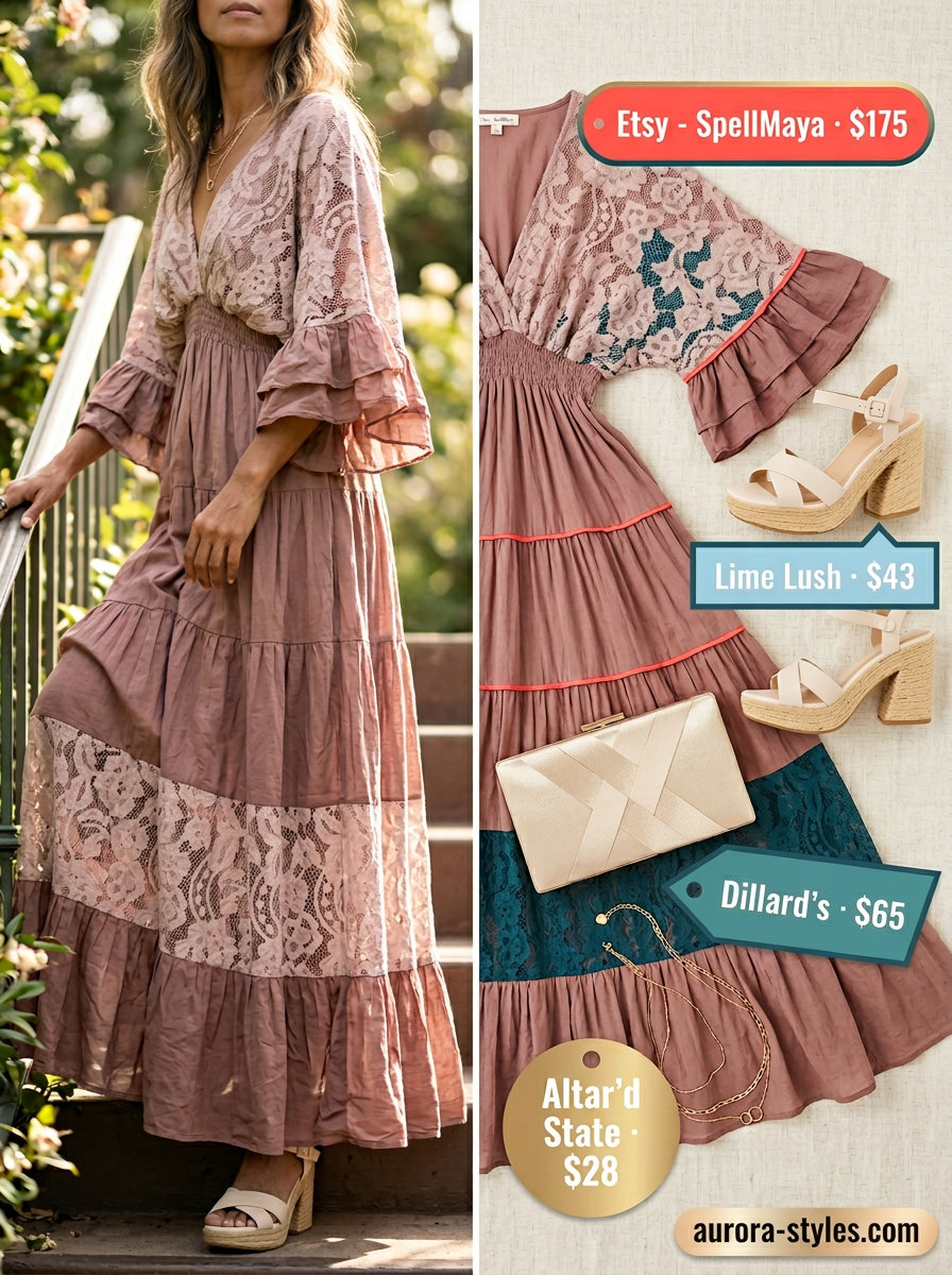 Boho summer flowy maxi dresses 2026: Dusty Rose embroidered linen maxi dress for a garden party or outdoor wedding.