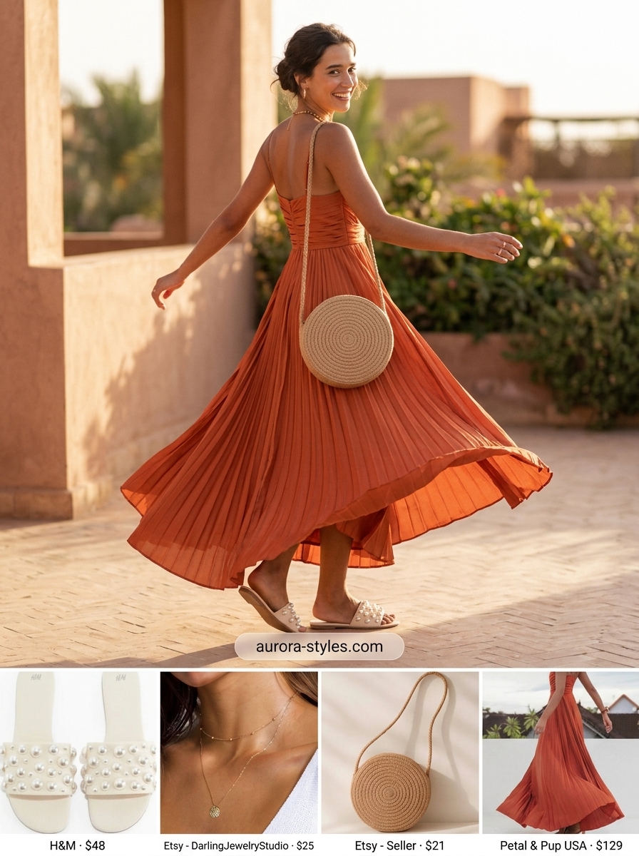 Sunset orange boho summer flowy maxi dress 2026 with straw bag & gold necklaces for beach.