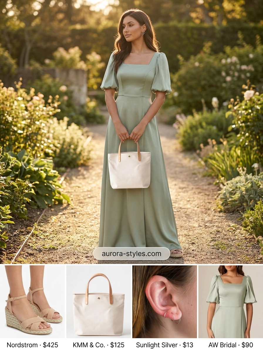 Sage green boho summer flowy maxi dress 2026 with espadrilles & tote for brunch.