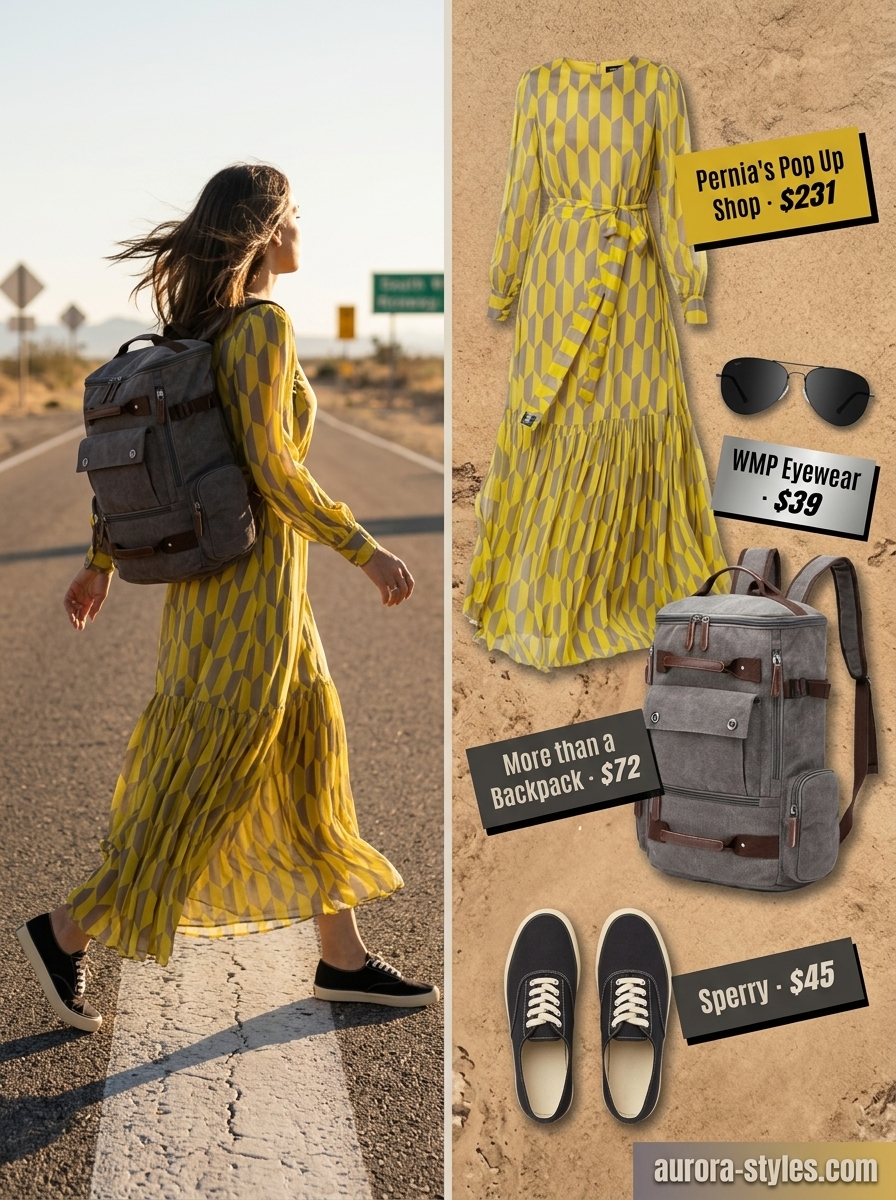 Boho summer flowy maxi dresses 2026: Mustard yellow graphic print dress for a road trip adventure.