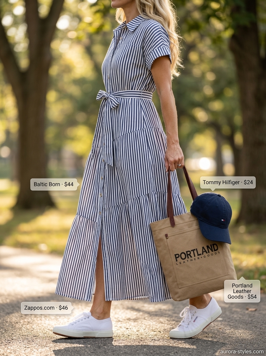 Boho summer flowy maxi dresses 2026: Navy blue striped dress with sneakers for a casual day out.