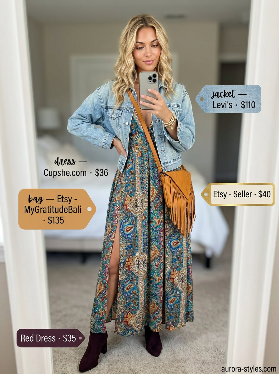Paisley boho summer flowy maxi dress 2026 with denim jacket & ankle boots for casual days.