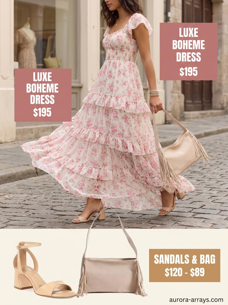 Boho summer flowy maxi dresses 2026: Pastel floral print maxi dress for a summer day out or casual wedding guest.