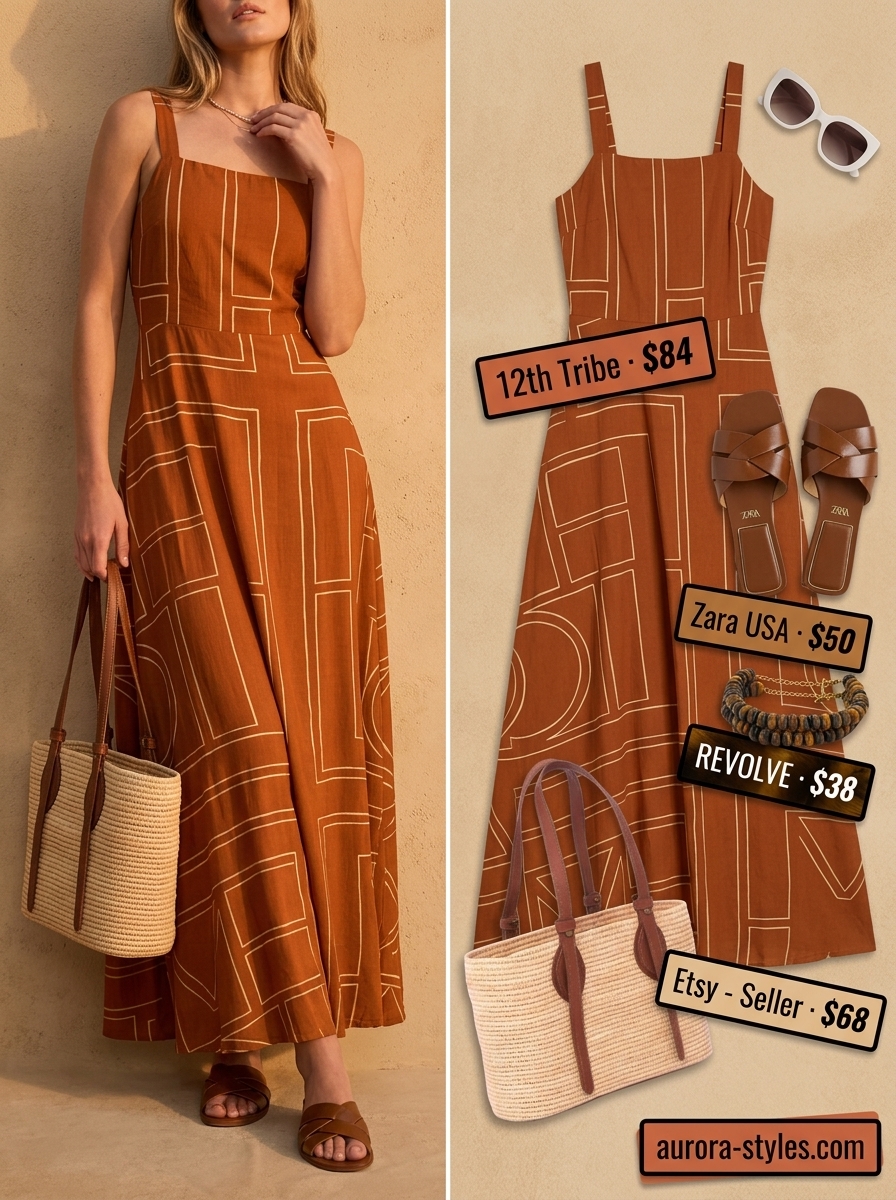 Boho summer flowy maxi dresses 2026: Rust orange abstract print dress for sunset watching.