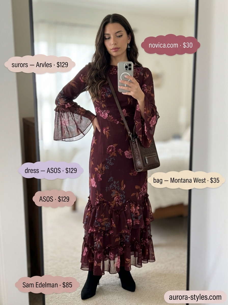 Burgundy boho summer flowy maxi dress 2026 with black boots & silver earrings for a date night.