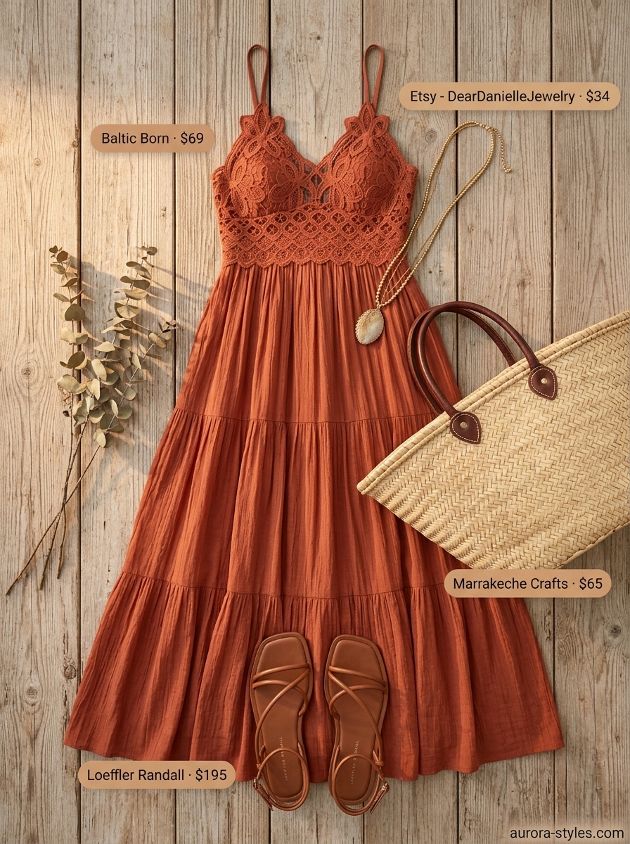 Boho summer flowy maxi dresses 2026: Terracotta embroidered dress with straw bag for beach or festival.