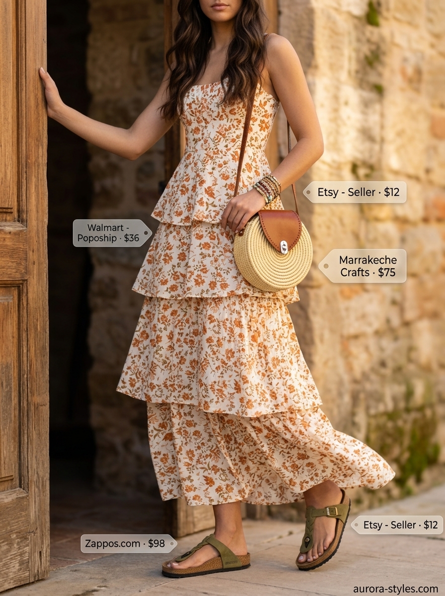 Boho summer flowy maxi dresses 2026: Terracotta floral print dress with wood bracelets for a relaxed day out.