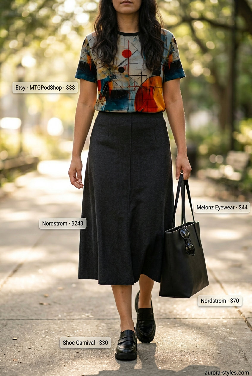 Casual outfits for women with Inverted Triangle Shape 2026: A-line skirt, graphic tee, loafers, and tote bag.