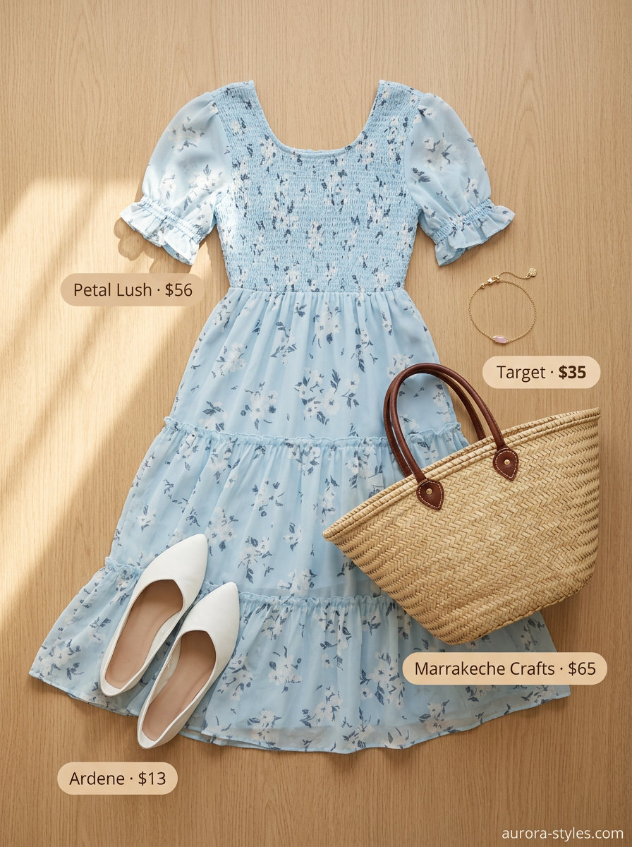 Casual outfits for women with Inverted Triangle Shape 2026: Light blue floral A-line midi dress, white ballet flats, straw tote.