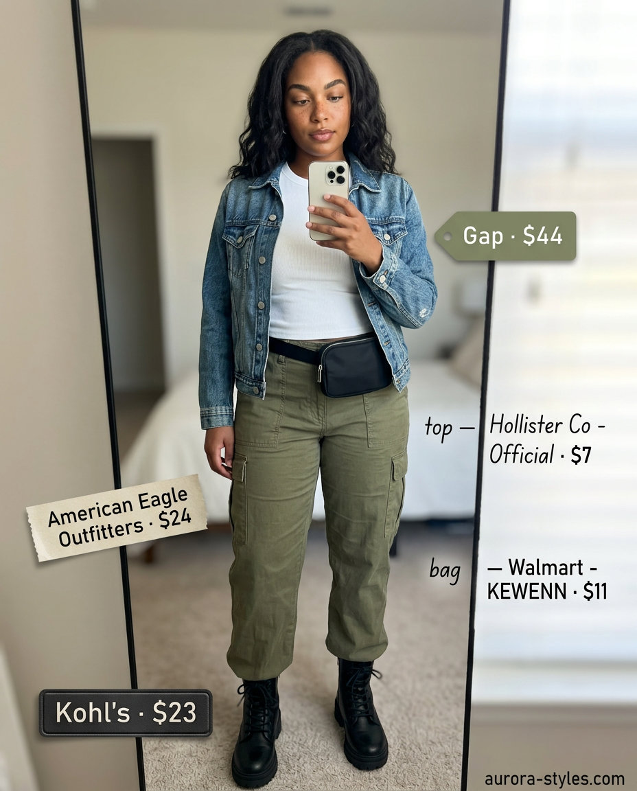 Casual outfits for women with Inverted Triangle Shape 2026: Cargo pants, denim jacket, white tee, combat boots, belt bag.