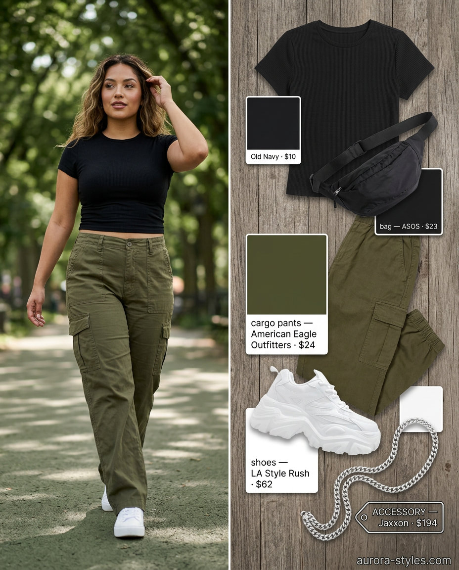 Casual outfits for women with Inverted Triangle Shape 2026: Olive cargo pants, black tee, platform sneakers.