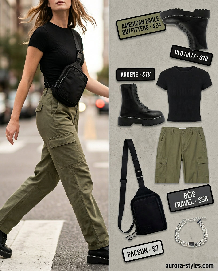 Casual outfits for women with Inverted Triangle Shape 2026: Khaki cargo pants, black fitted tee, and combat boots.