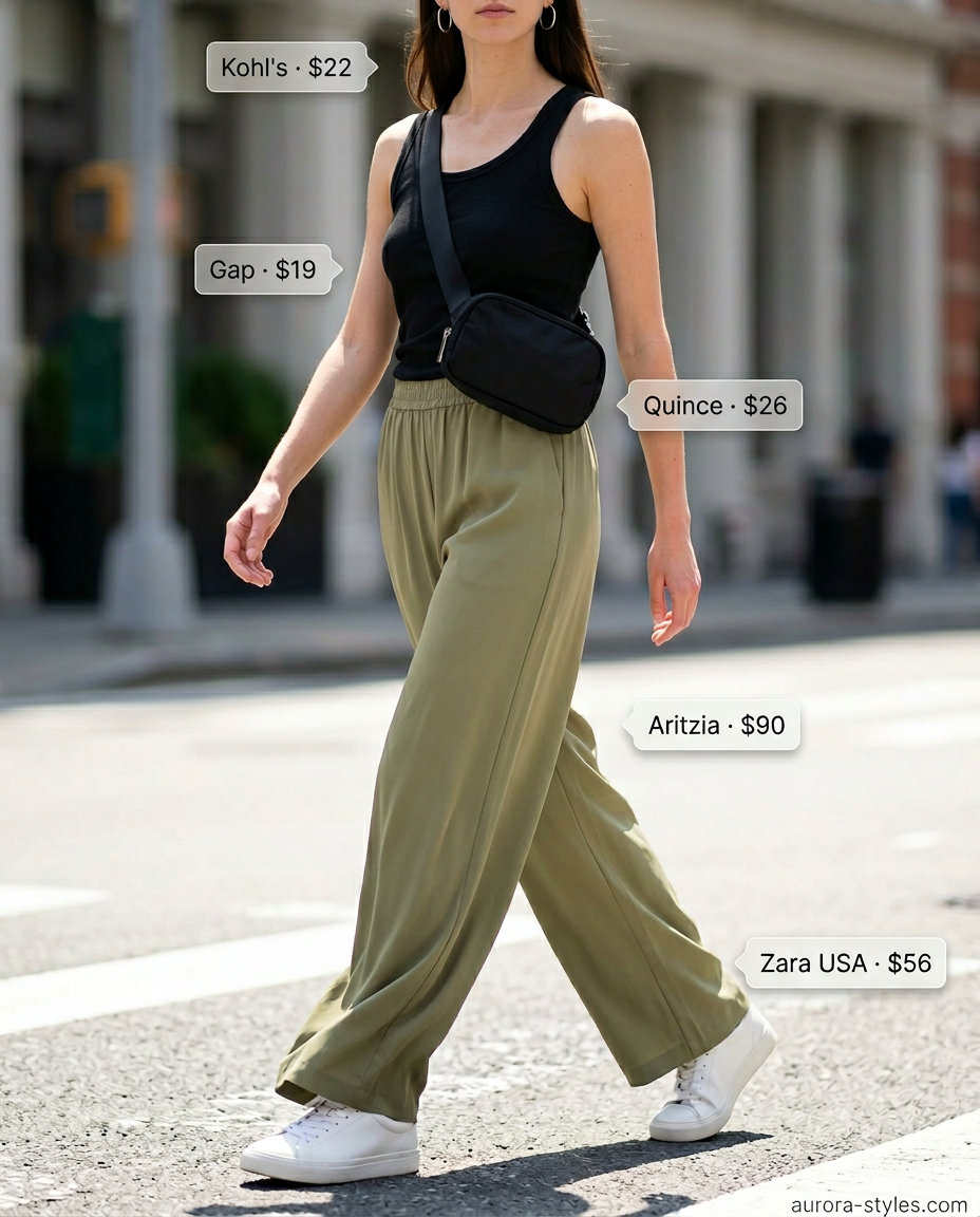 Casual outfits for women with Inverted Triangle Shape 2026: Olive green wide-leg pants, black fitted top, and sneakers.