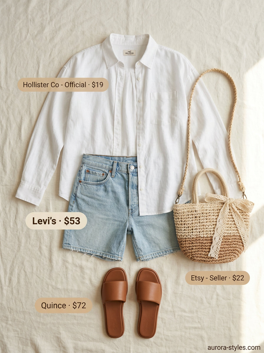 Casual outfits for women with Inverted Triangle Shape 2026: Denim shorts, oversized linen shirt, flat sandals, straw crossbody bag.