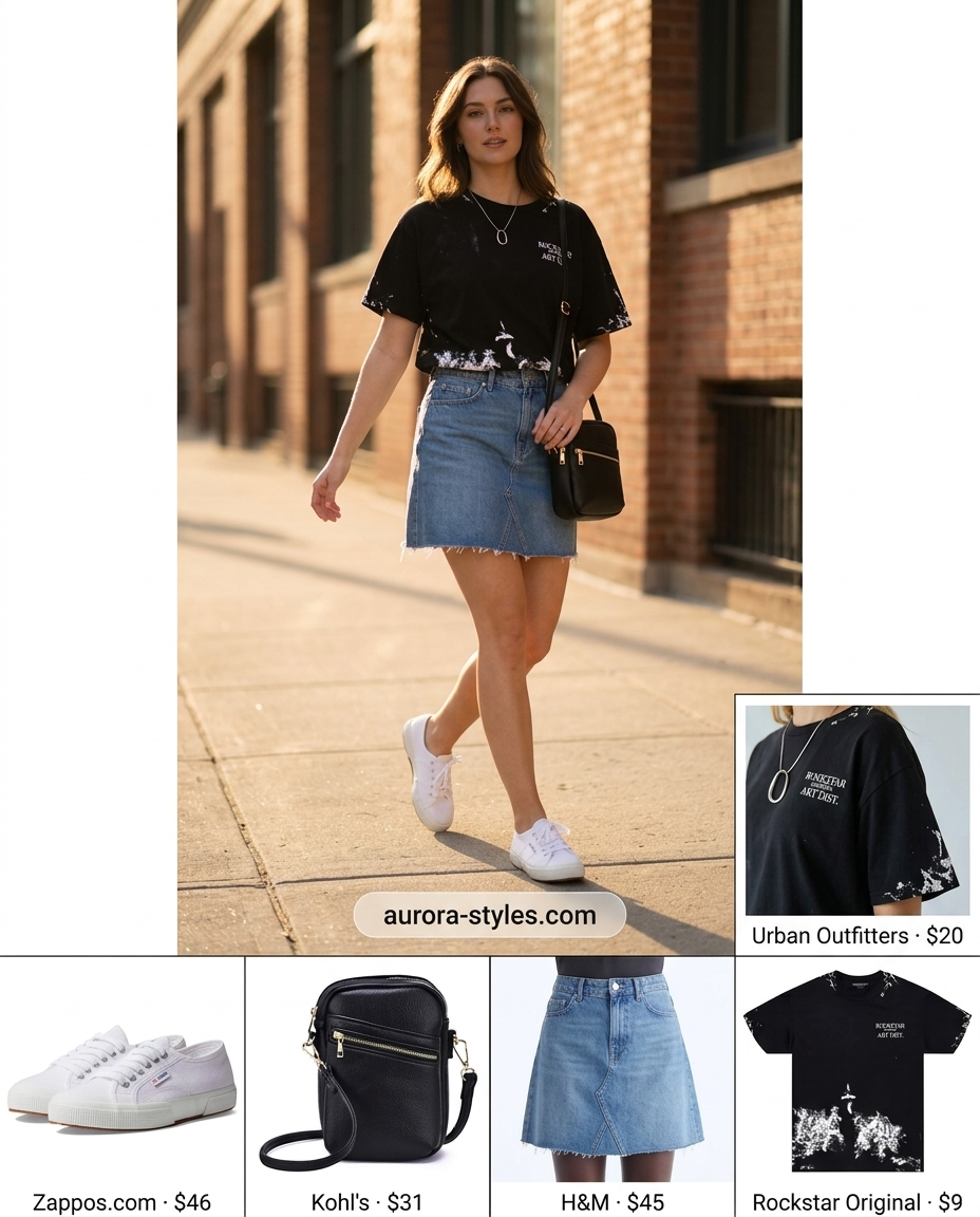 Casual outfits for women with Inverted Triangle Shape 2026: Denim A-line skirt, graphic tee, white sneakers.