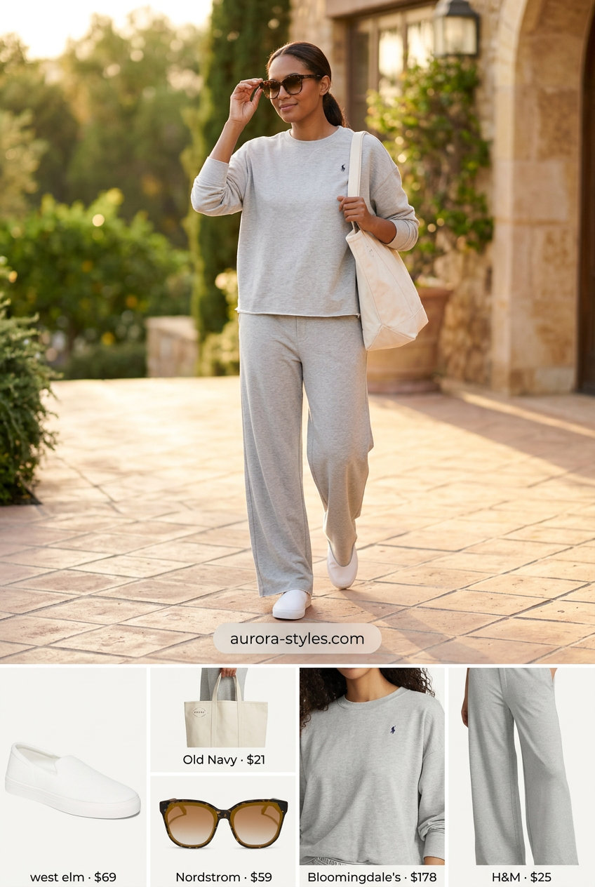 Casual outfits for women with Inverted Triangle Shape 2026: Grey knit set, sneakers, sunglasses, large tote bag.