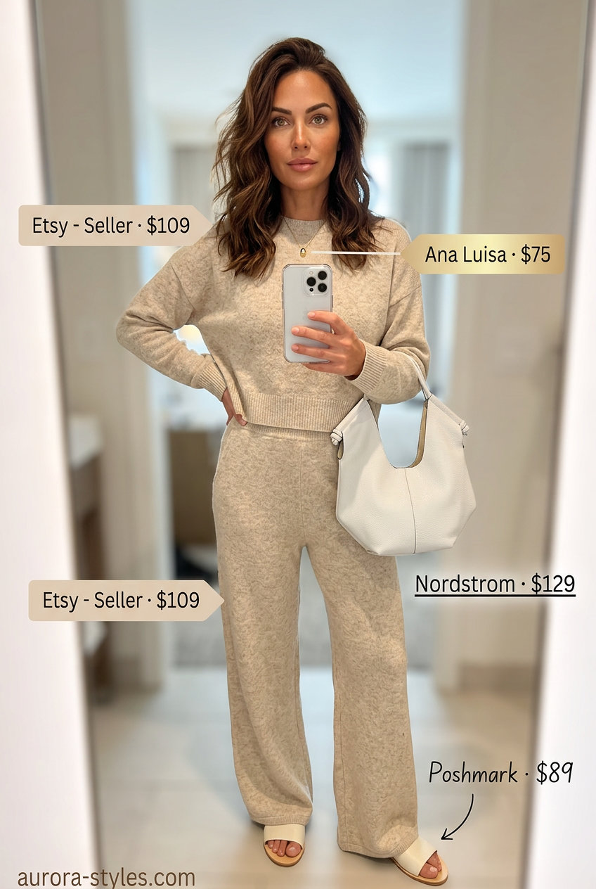 Casual outfits for women with Inverted Triangle Shape 2026: Beige knit set, wide-leg pants, leather slides.