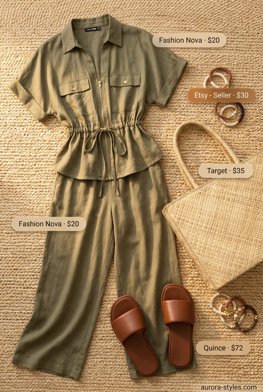 Casual outfits for women with Inverted Triangle Shape 2026: Olive green linen matching set with wide-leg pants and loose top.