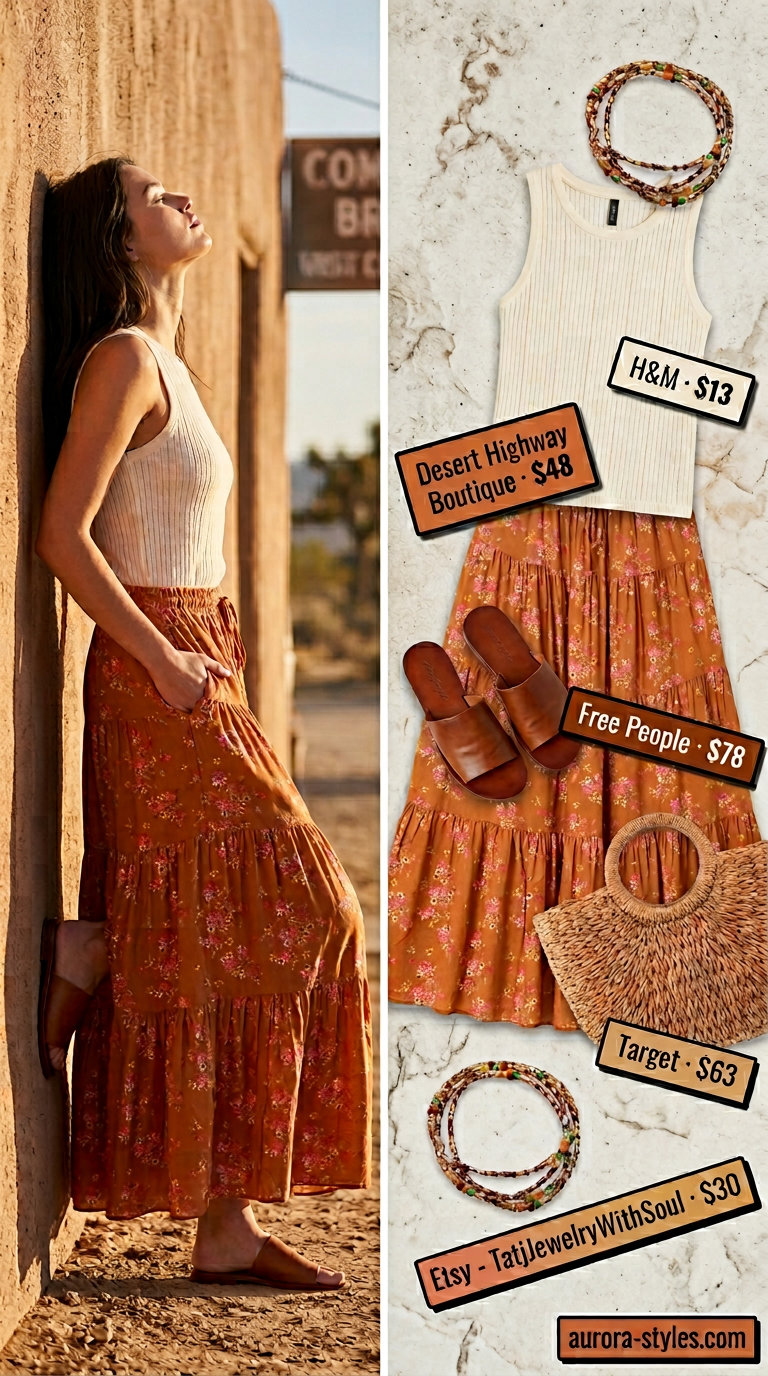 Casual outfits for women with Inverted Triangle Shape 2026: Flowy maxi skirt, ribbed tank, leather slides, straw tote, layered necklaces.