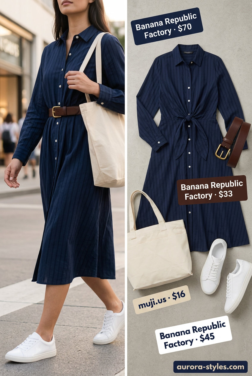 Casual outfits for women with Inverted Triangle Shape 2026: Navy midi shirt dress with belt and white sneakers.