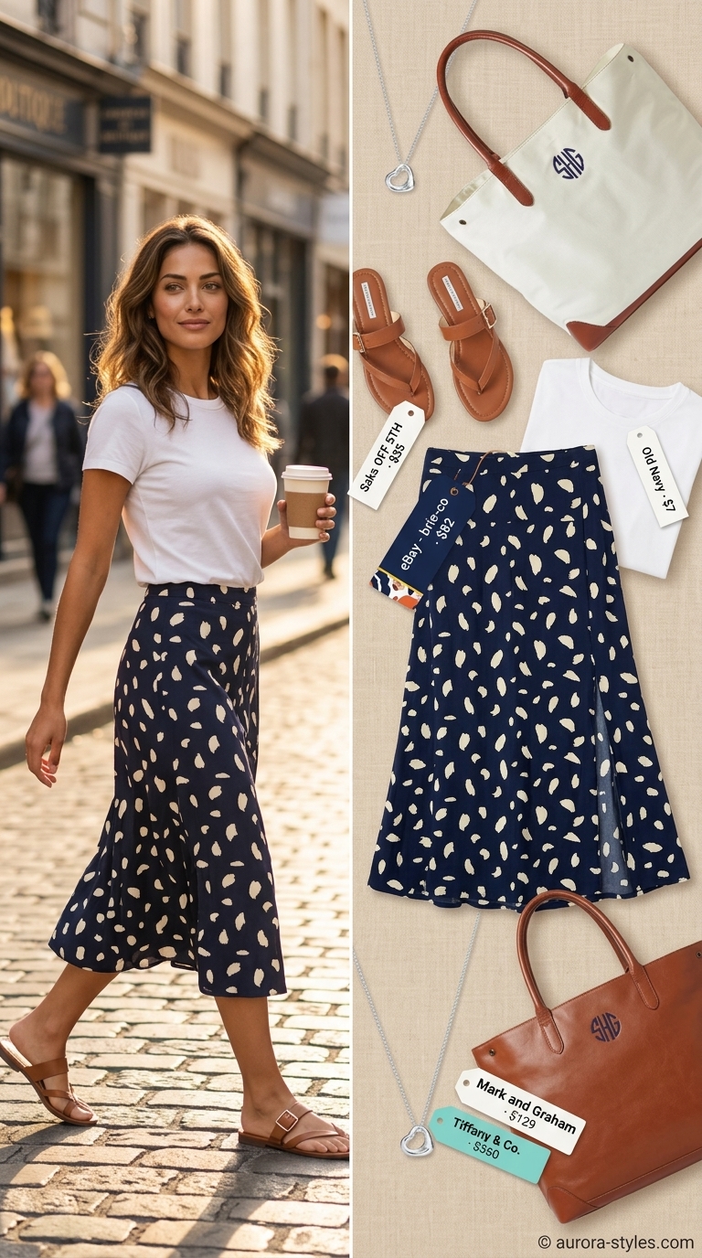 Casual outfits for women with Inverted Triangle Shape 2026: Navy abstract midi skirt, white tee, leather sandals.