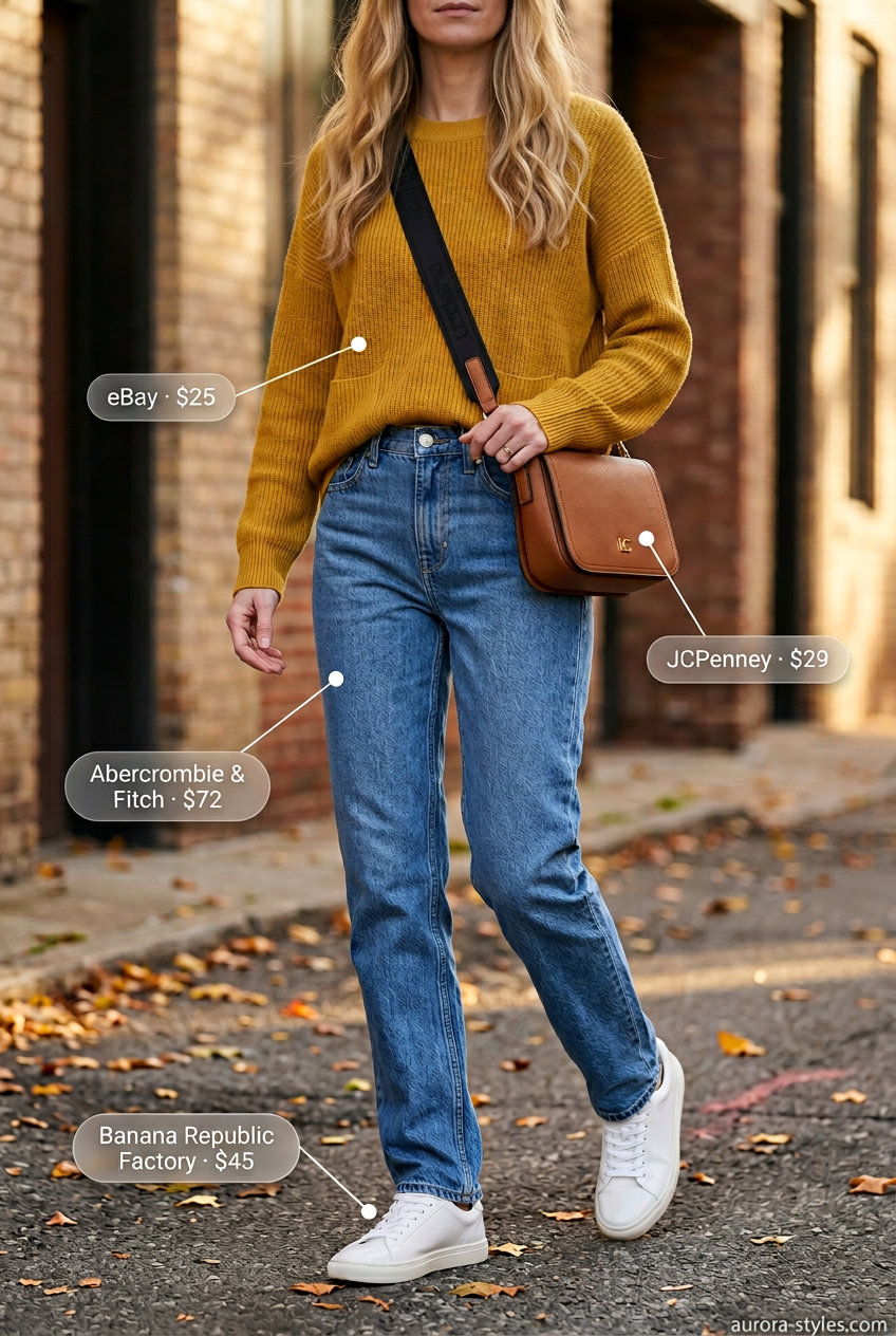 Casual outfits for women with Inverted Triangle Shape 2026: Mustard yellow sweater, straight leg jeans, white sneakers.