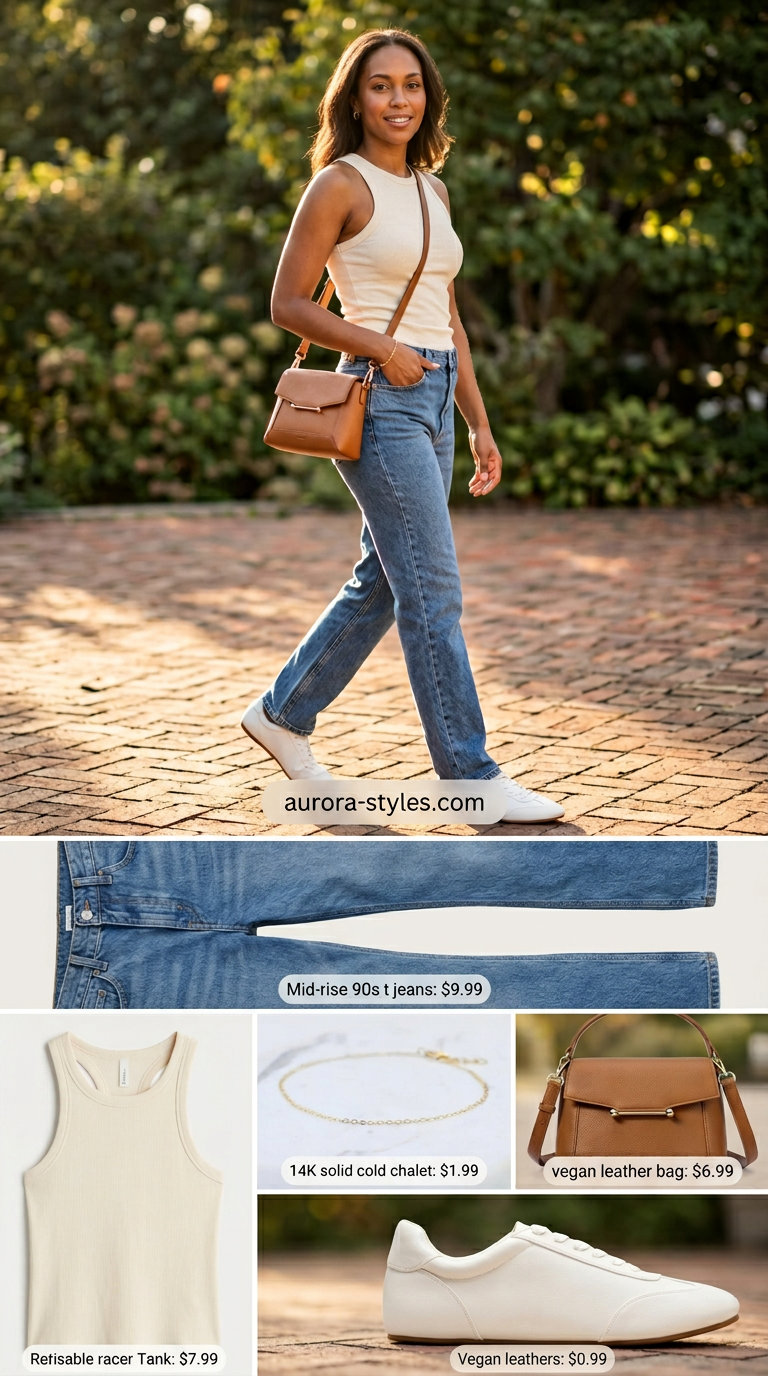 Casual outfits for women with Inverted Triangle Shape 2026: Cream ribbed tank, high-waisted straight leg jeans, white sneakers.
