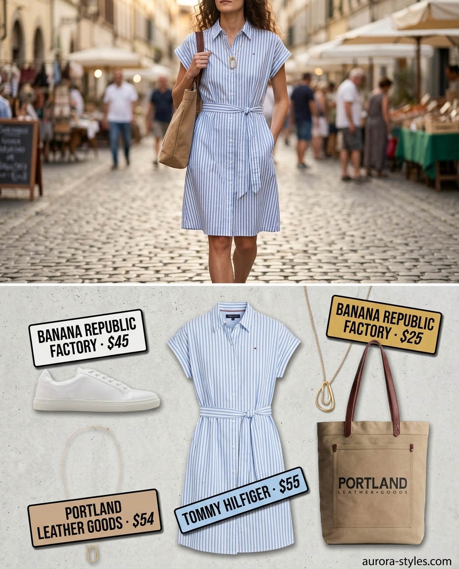 Casual outfits for women with Inverted Triangle Shape 2026: Light blue shirtdress, white sneakers, canvas tote, gold pendant.
