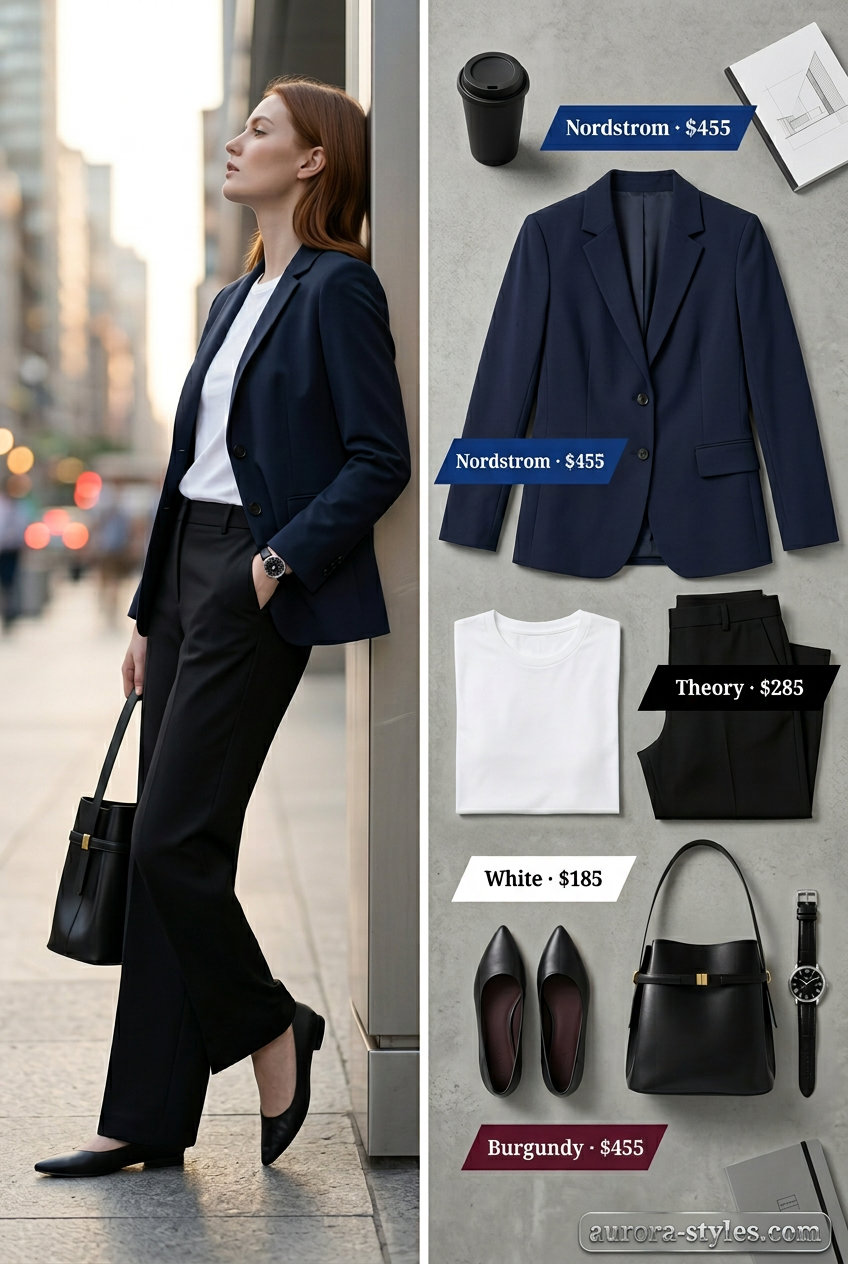 Casual outfits for women with Inverted Triangle Shape 2026: Navy blazer, white tee, black trousers, and pointed flats.