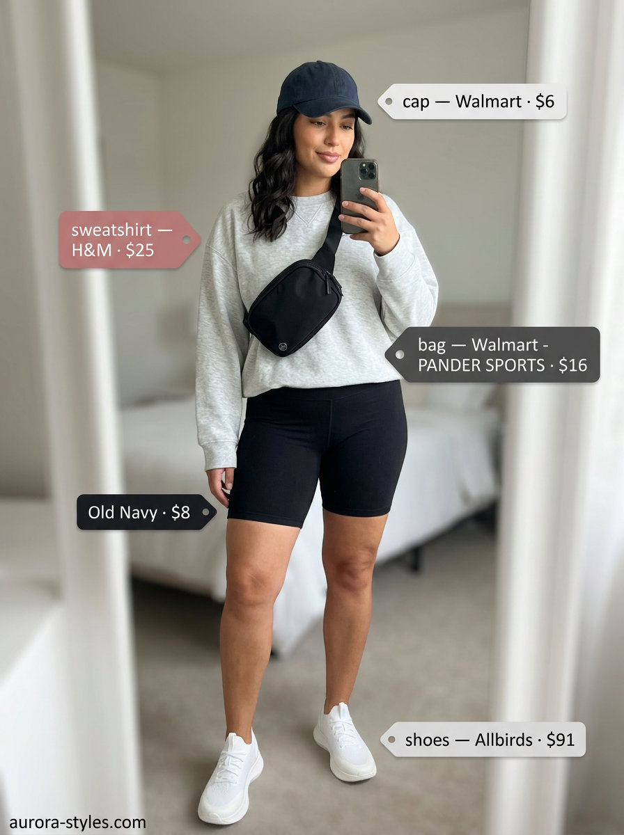 Casual outfits for women with Inverted Triangle Shape 2026: Grey oversized sweatshirt, black biker shorts, sneakers.