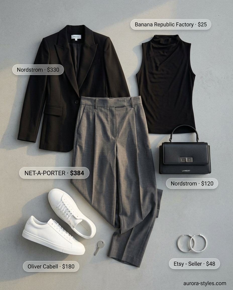 Casual outfits for women with Inverted Triangle Shape 2026: Charcoal grey wide-leg trousers, black blazer, white top, and sneakers.
