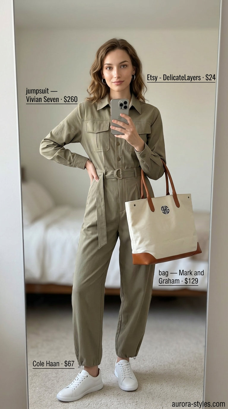 Casual outfits for women with Inverted Triangle Shape 2026: Khaki utility jumpsuit, white sneakers, canvas tote, hoop earrings.