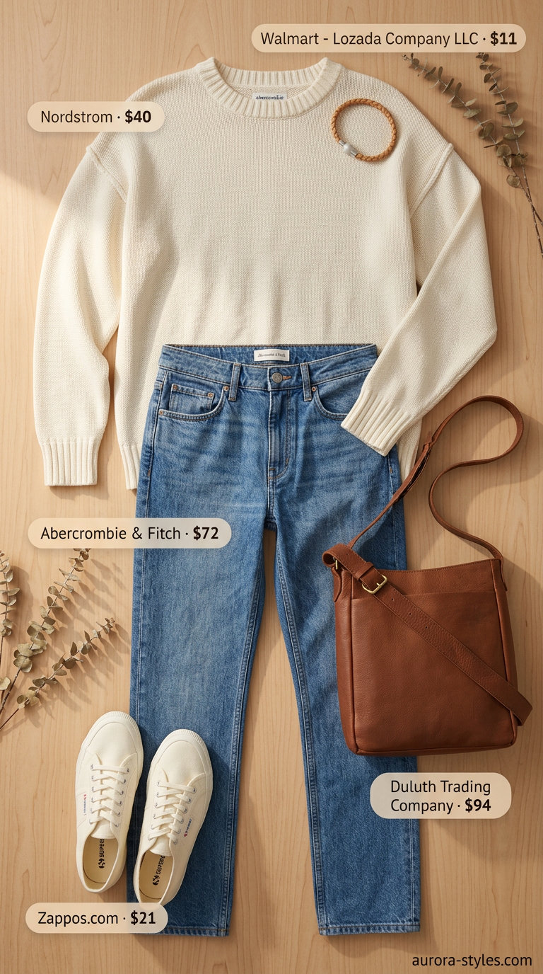 Casual outfits for women with Inverted Triangle Shape 2026: Cream sweater, medium wash straight-leg jeans, and canvas sneakers.