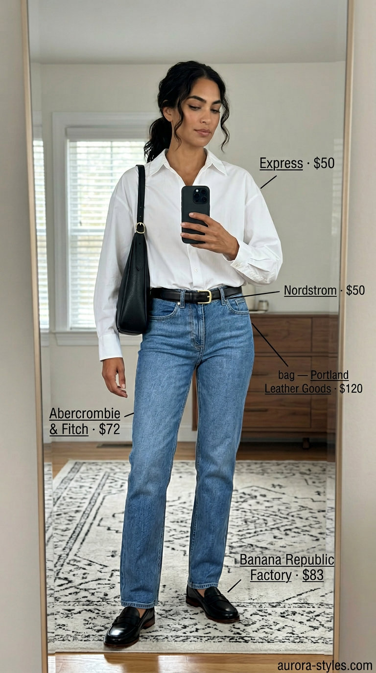 Casual outfits for women with Inverted Triangle Shape 2026: White oversized shirt, mid-rise straight jeans, loafers.