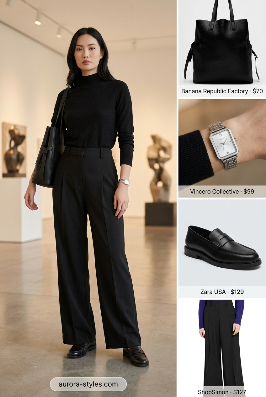 Casual outfits for women with Inverted Triangle Shape 2026: Charcoal wide-leg trousers, mock neck sweater, loafers.