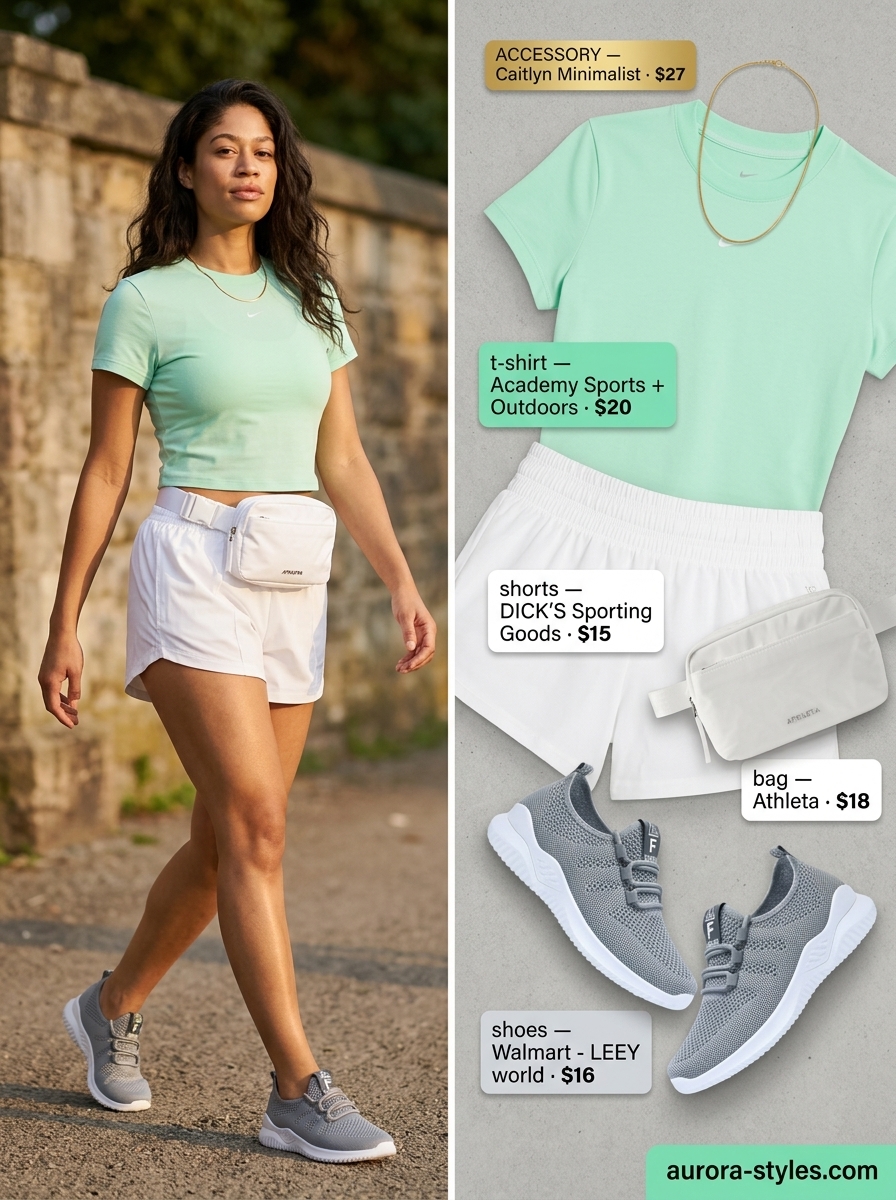 Casual summer t-shirt outfit for women 2026: Mint green cropped tee, white track shorts, grey sneakers, and crossbody bag for athleisure.