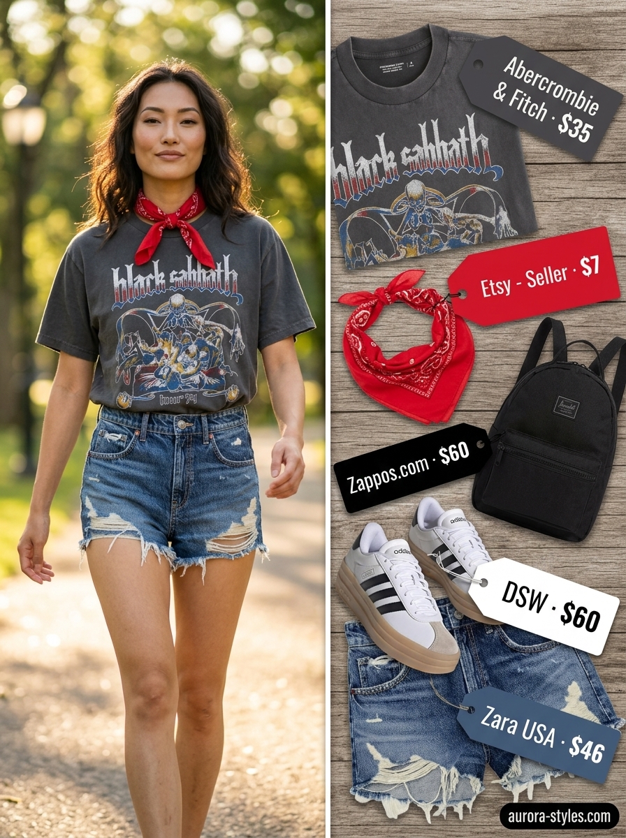 Casual summer t-shirt outfit for women 2026: Charcoal graphic tee, distressed denim shorts, platform sneakers, and mini backpack for a festival.