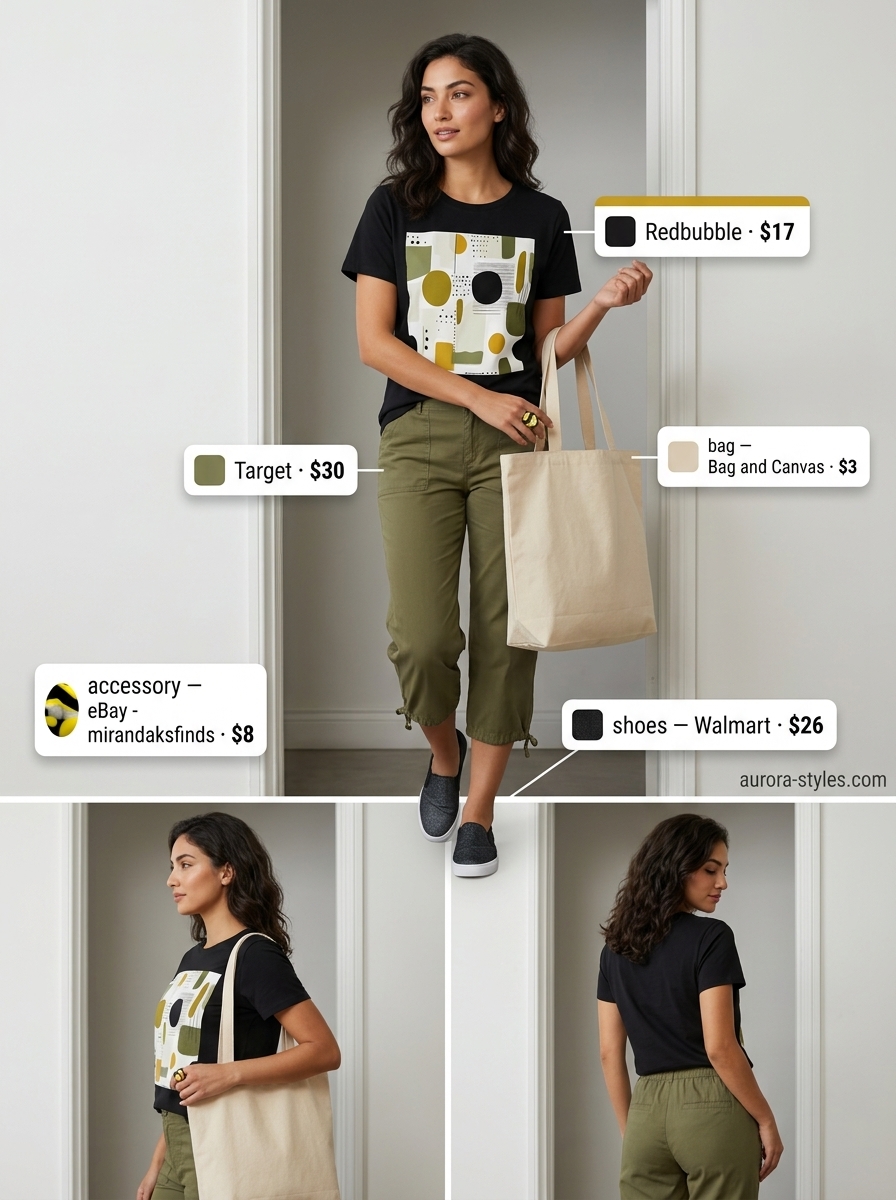 Casual summer t-shirt outfit for women 2026: Olive cargo capris, abstract print tee, canvas sneakers, and tote bag for a creative session.