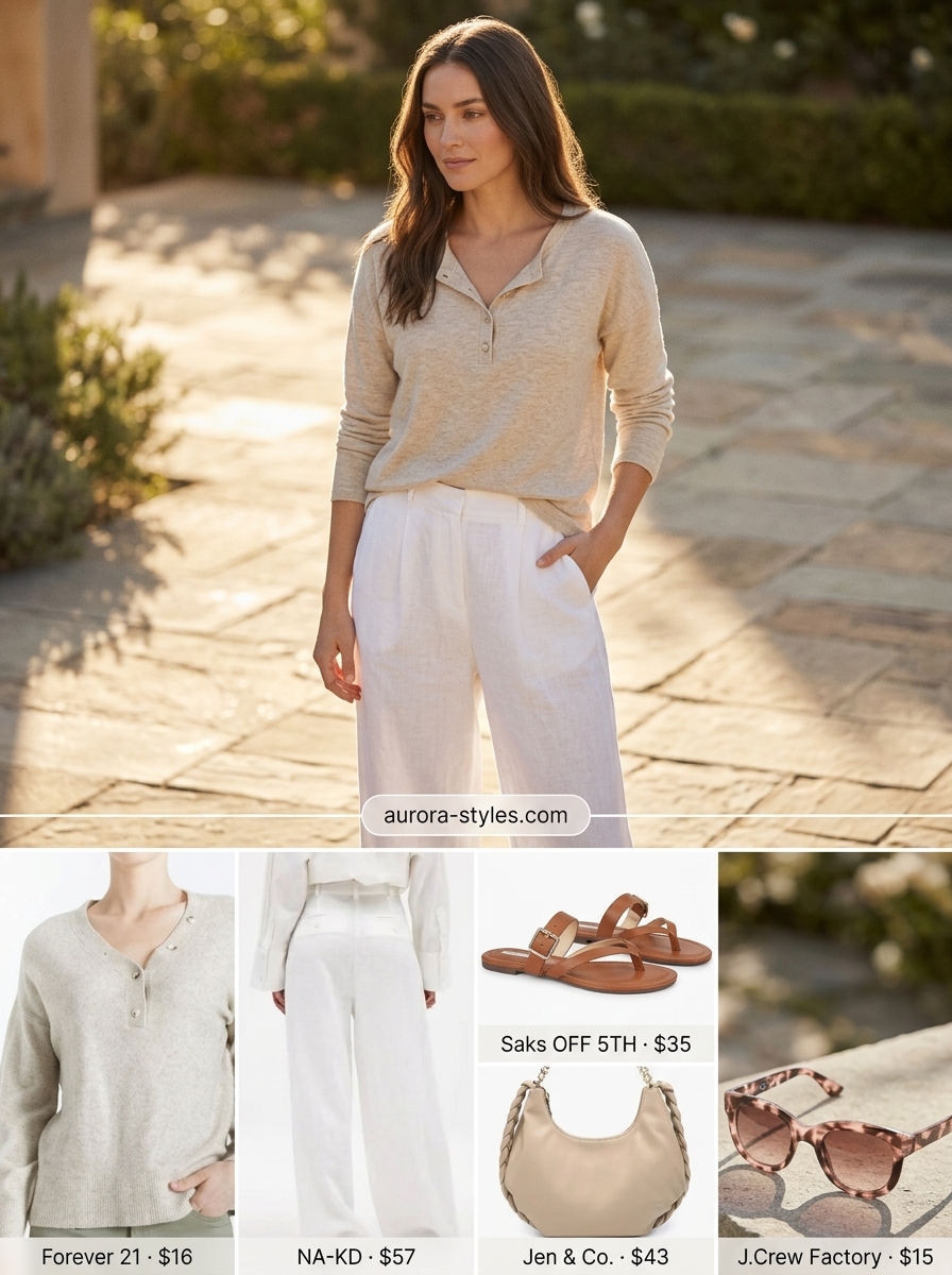 Casual summer t-shirt outfit for women 2026: Oatmeal henley tee, linen pants, leather slides, and shoulder bag for a weekend getaway.