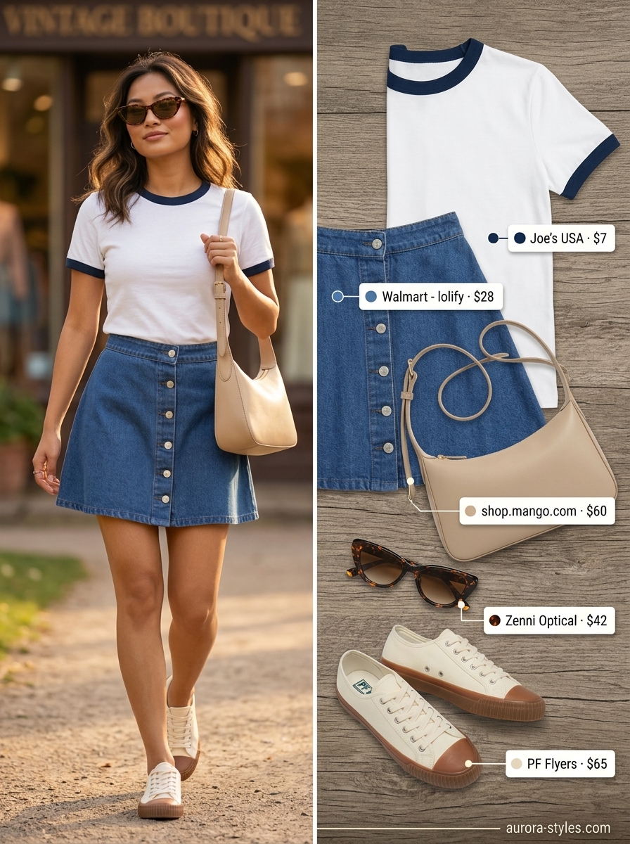 Casual summer t-shirt outfit for women 2026: Cream ringer tee, denim mini skirt, retro sneakers, and cat-eye sunglasses for a weekend look.