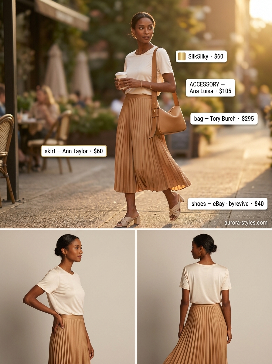 Casual summer t-shirt outfit for women 2026: Ivory silk tee, camel midi skirt, heeled mules, and structured bag for a garden party.
