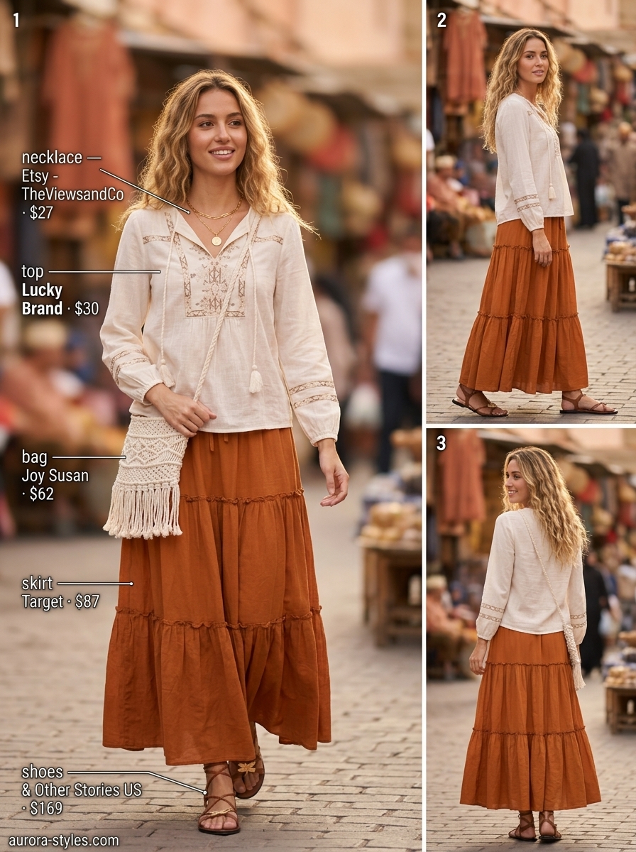 Casual summer t-shirt outfit for women 2026: Cream peasant tee, terracotta maxi skirt, strappy sandals, and macrame bag for a market.