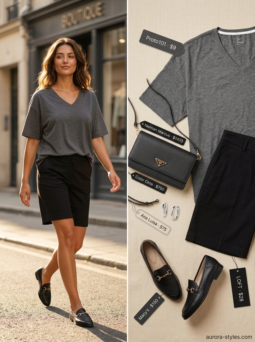 Casual summer t-shirt outfit for women 2026: Charcoal oversized tee, black Bermuda shorts, leather loafers, and mini bag for urban errands.