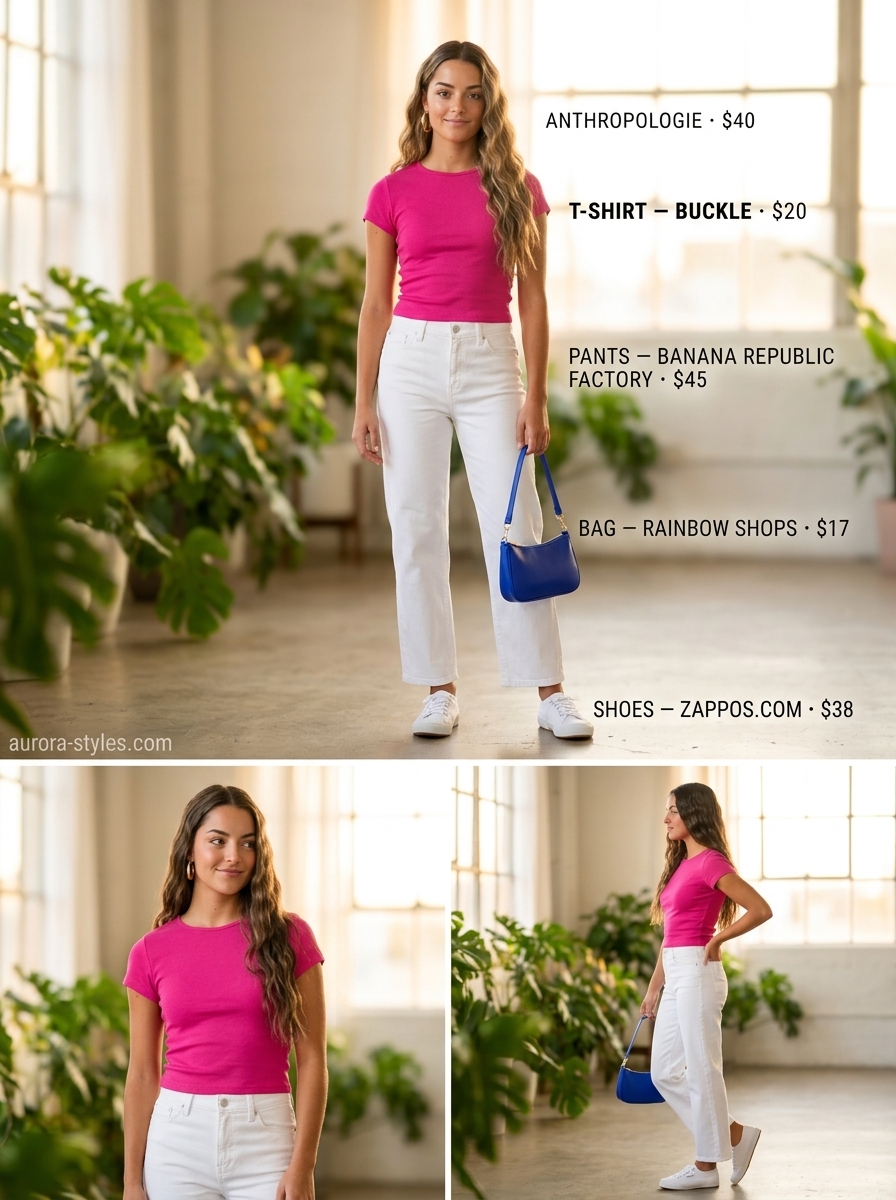 Casual summer t-shirt outfit for women 2026: Fuchsia tee, white jeans, canvas sneakers, and gold hoops for a vibrant lunch.
