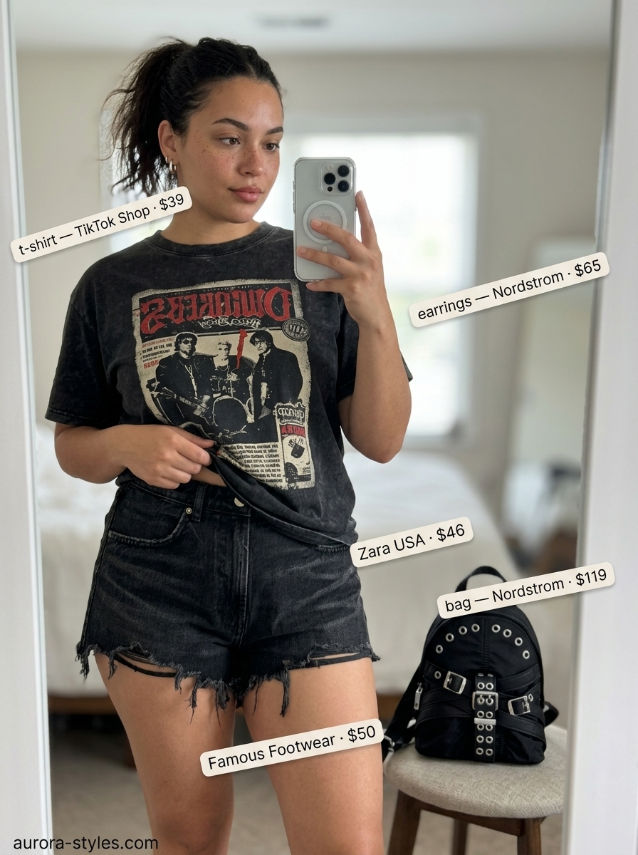 Casual summer t-shirt outfit for women 2026: Band tee, black denim shorts, combat boots. Edgy urban look.