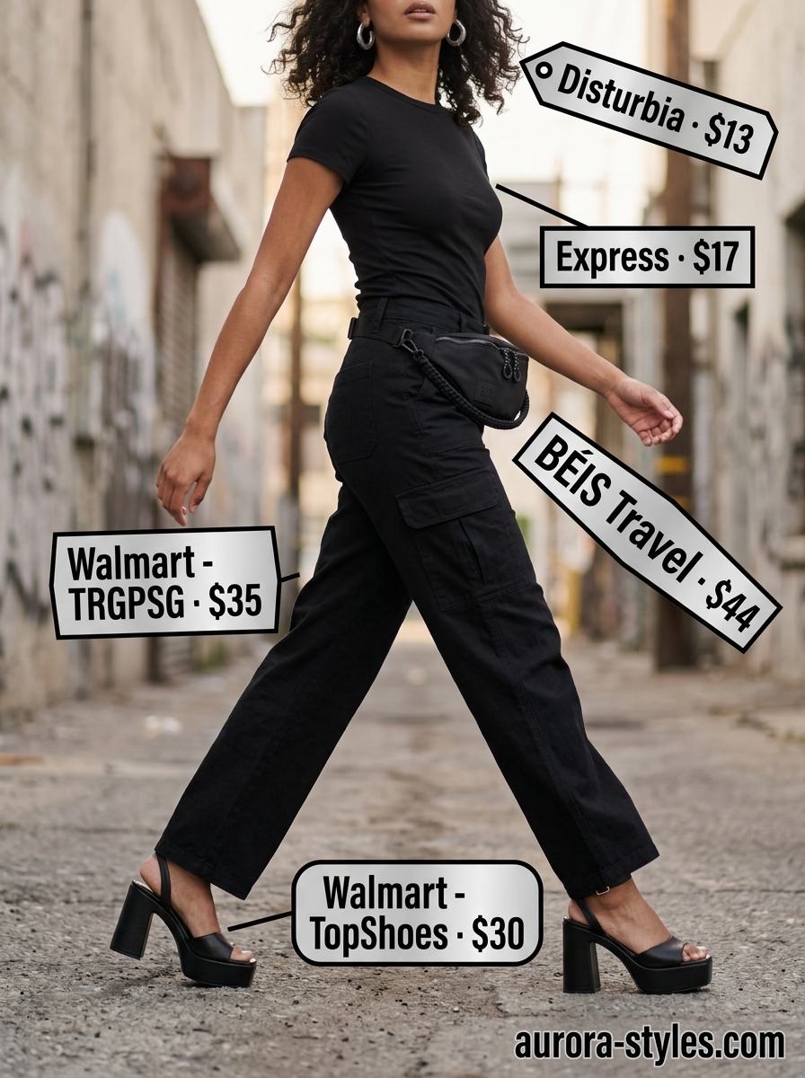 All black t-shirt outfit for women 2026: Black cargo pants, platform sandals, black belt bag for night out.