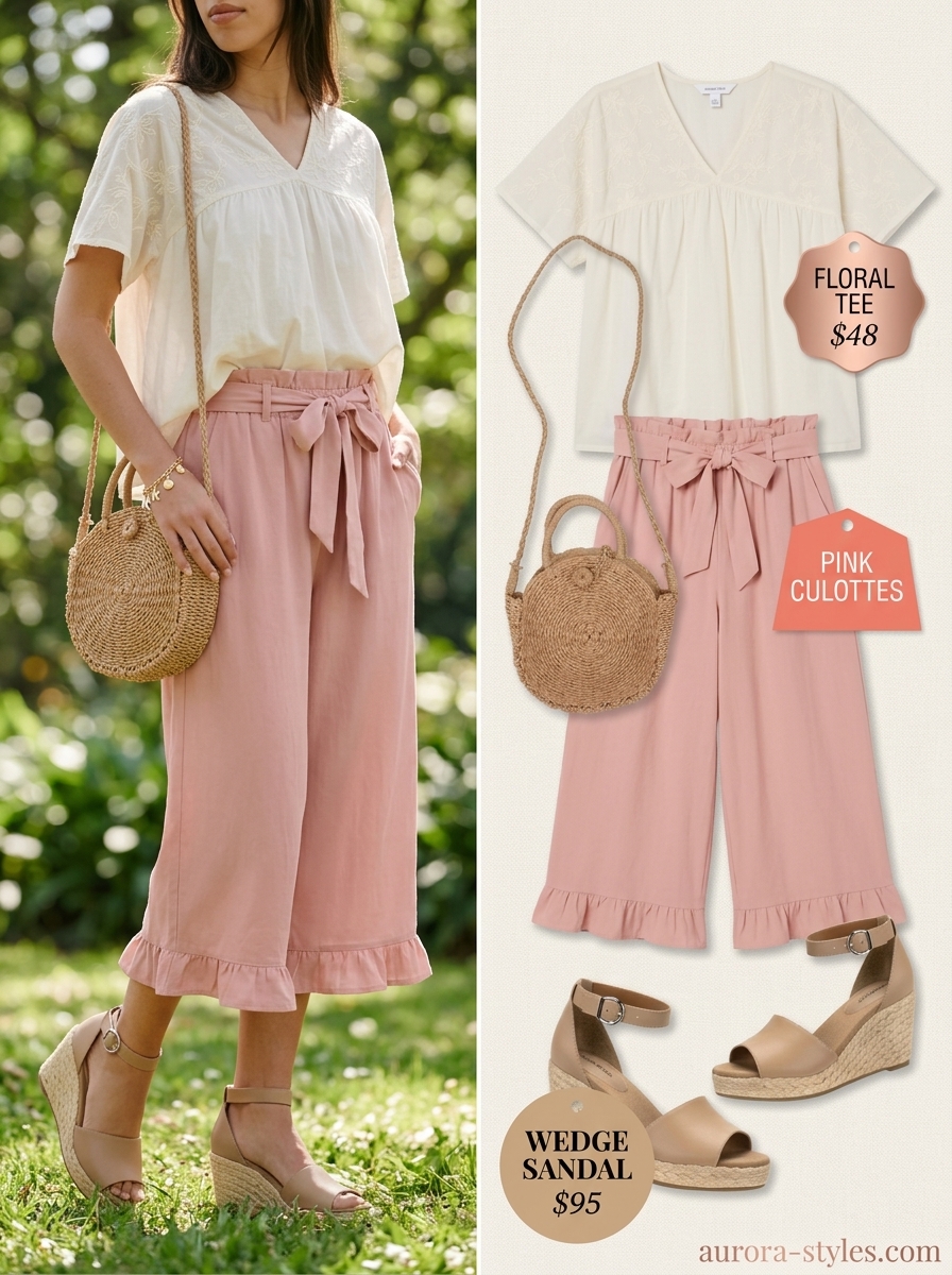 Blush pink culottes outfit for women 2026: Cream t-shirt, straw bag, espadrille wedges for park day.