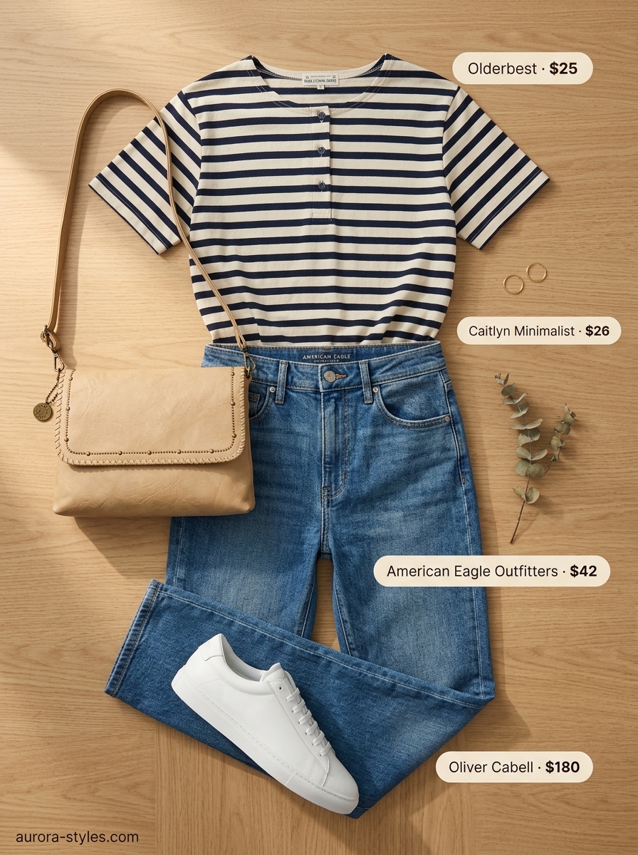 Breton stripe t-shirt outfit for women 2026: Denim jeans, white sneakers, tan crossbody bag for weekend.